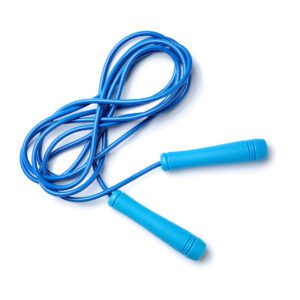 A blue jump rope is laying on the ground.
