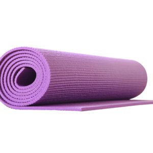 A purple yoga mat rolled up on top of the floor.