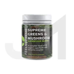 A jar of supreme greens and mushroom superfood blend.