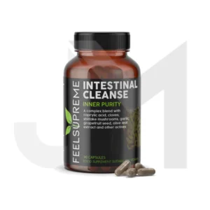A bottle of intestinal cleanse with pills on it.