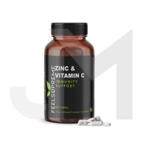 A bottle of vitamin c and zinc capsules.